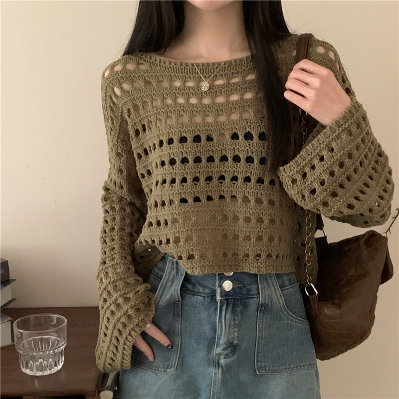Niche Mesh Cut Out Knitwear for Women Early Summer New v-neck Sexy Fishnet Sun Protection Blouse Hole Top