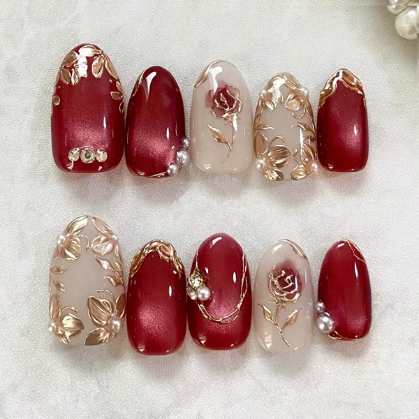30 Pieces of Cross-Border Hot-Selling Short Almond-Shaped Glass Beads Cat-Eye Gold-Plated Rose Flower Almond Press-On Nails Ins Nail Art Pieces