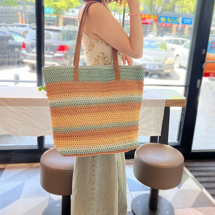 ファッショナブルなストライプのコントラストカラーショルダーバッグ、手作りの環境に優しい麦わらバッグ、カジュアルで多用途な海辺の休暇トートバッグ|undefined