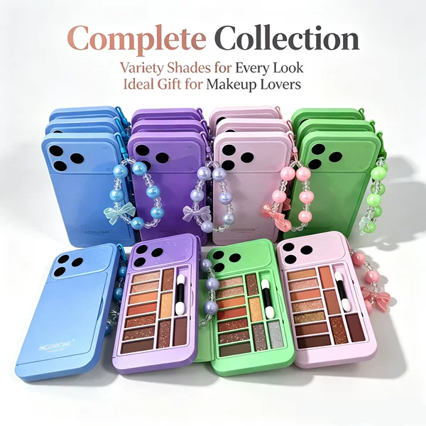 Cross-border bestseller 11-color phone-shaped eyeshadow palette with pearl chain, matte and shimmer shades in earth tones, portable for travel