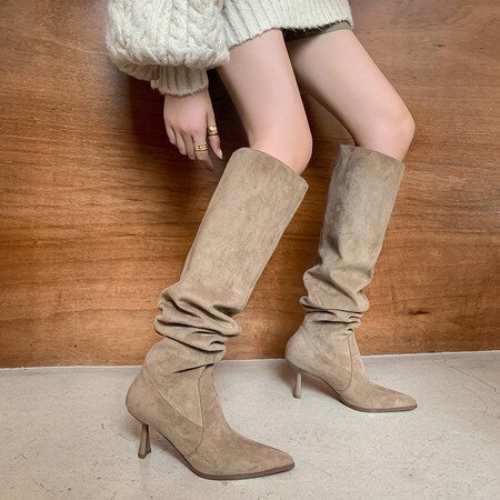 French Style khaki Elegant Pointed High Heel Suede American Style Wide Barrel High Barrel Heap Boots Women's Loose Boots