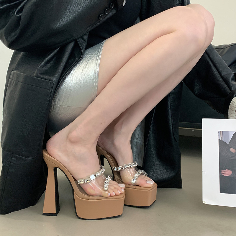 AliExpress cross-border foreign trade new 15cm super high heel thick heel waterproof platform square head transparent rhinestone sandals and slippers AliExpress cross-border foreign trade new 15cm super high heel thick heel waterproof platform square head transparent rhinestone sandals and slippers