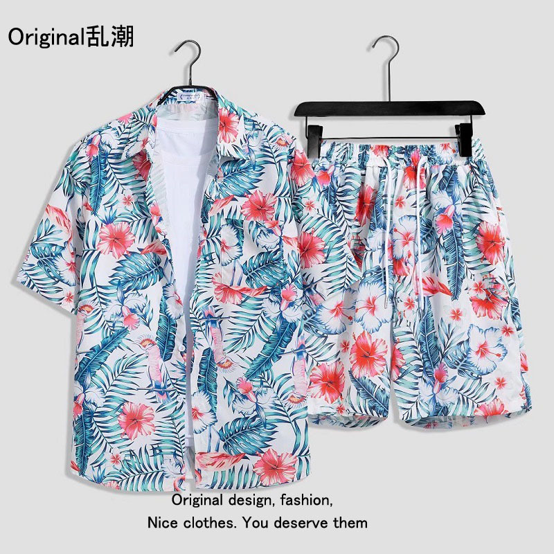 Verano playa floral camisa de manga corta traje de los hombres sueltos ins retro completo impreso pantalones cortos camisa de dos piezas
