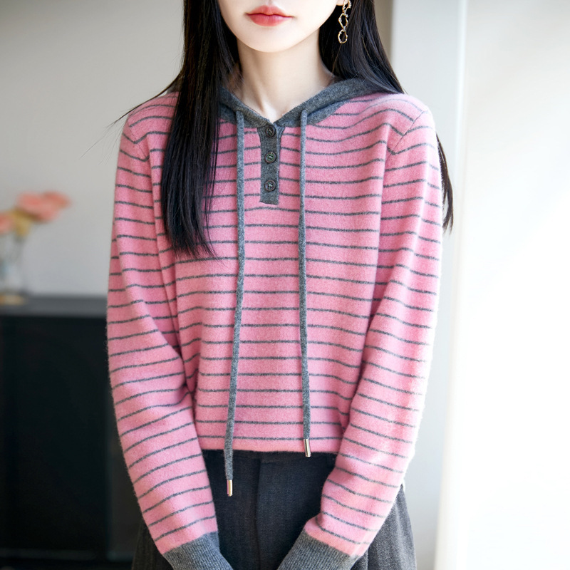 2025秋冬新款100羊毛衫女式宽松连帽撞色条纹卫衣打底针织衫毛衣|undefined