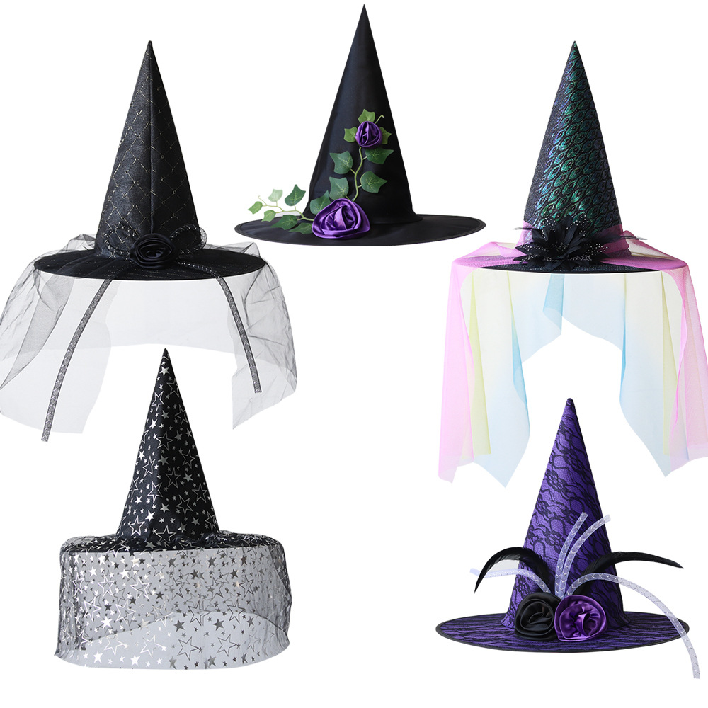 Halloween sombrero de encaje velo agudo sombrero de bruja maquillaje ropa accesorios toque de cabeza vestido gazoo sombrero de brujo