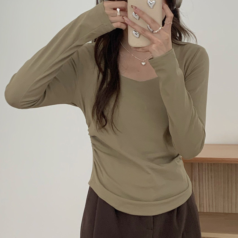 小众卡腰褶皱t恤女低领漏锁骨打底衫春秋大领口纯欲百搭长袖上衣|undefined