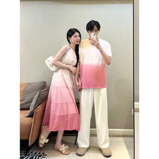 2025 Gradient Color Dress Neckline Bead Button Design Lace-Up Waist Couple Men and Women Short-Sleeved Performance Clothing