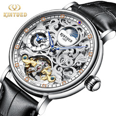 KINYUED Dual Time Hollowed Automatic Mechanical Business Watch for Men with Genuine Leather Strap