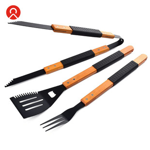Bbq Wooden Handle Grill Three-Piece Set Stainless Steel Fork Shovel Clip Combination Outdoor Barbecue Tools Cooking Barbecue Tools