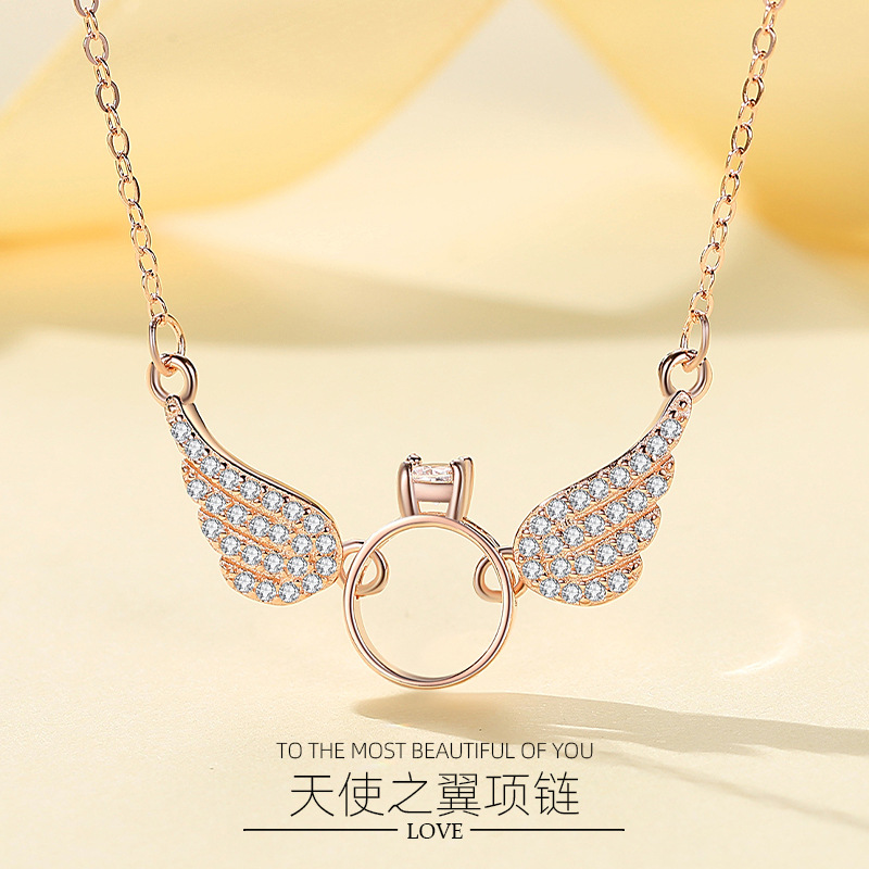 Europea y americana S925 estilo de plata de ley alas de Ángel collar ins nicho diseño diamante incrustado alas collar al por mayor para las mujeres