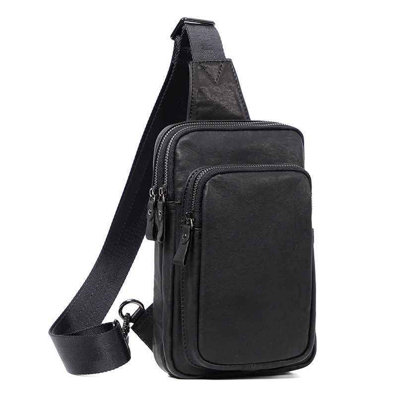 Túi đeo chéo trước ngực nam da bò thật 15×7×25 cm chống trộm — Màu đen