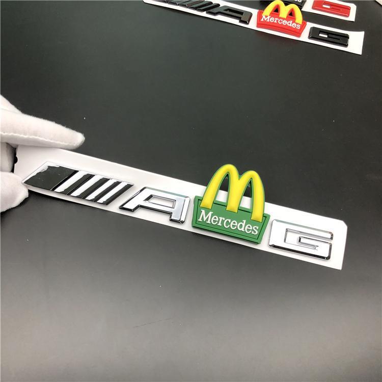 Mercedes-Benz C-Class, E-Class, and S-Class modified with AMG emblems, McDonald's car logos, BMW M logos, and new AMG tail emblems with black lettering