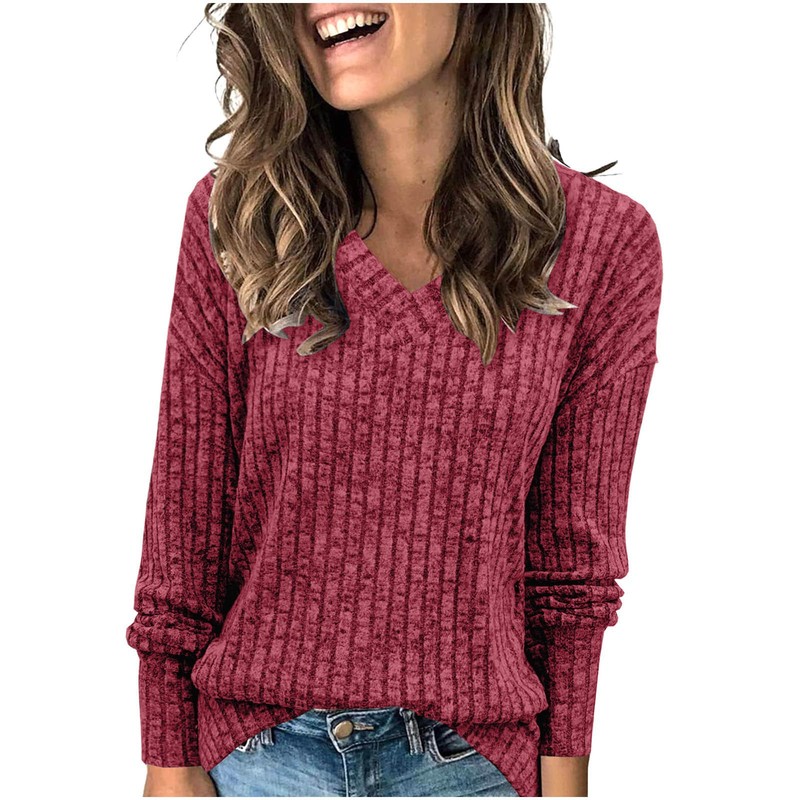 2024 Amazon Wish European and American Cross-Border Popular Export Women's Long-Sleeved V Neck Pit Strip Brushed Knitted Top T-Shirt