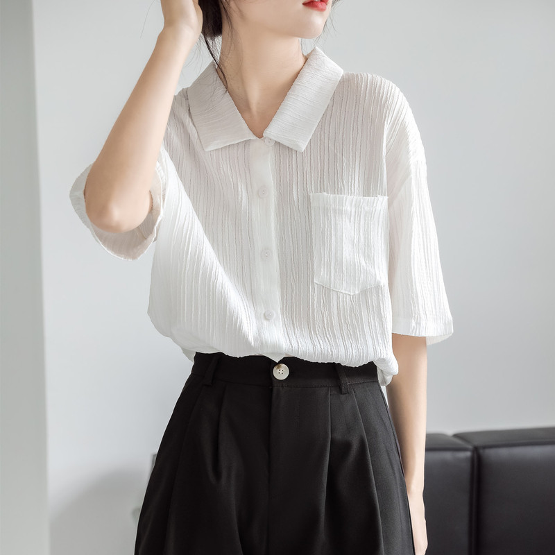 Hong Kong Style Texture Three-dimensional Striped Shirt Women's Summer Artistic Casual Loose All-match Design Short-sleeved Shirt