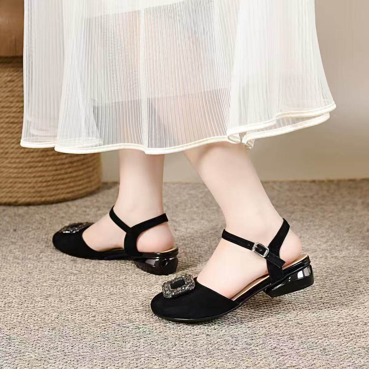 Sandal nữ da thật mũi trùm gót vuông khóa vuông đế mềm chống trượt — màu đen chi tiết 7