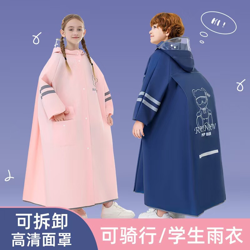 Children's Raincoat Boys' and Girls' Long Explosion-proof Rain Reflective Medium and Large Children's Thickened Zipper Cartoon Raincoat with School Bag