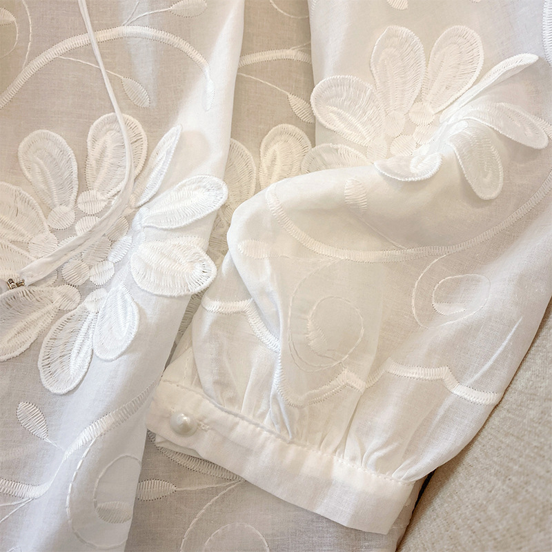 Elegant and stylish French embroidered lace floral white shirt, loose cotton top for women Elegant and stylish French embroidered lace floral white shirt, loose cotton top for women