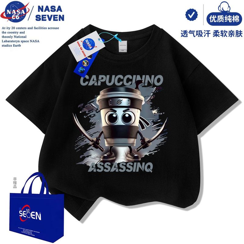NASA 外山海経サメ忍者半袖ボーイズ 2025 新しいウッドスティックマンピュアコットン Tシャツ中大型子供用トップ|undefined