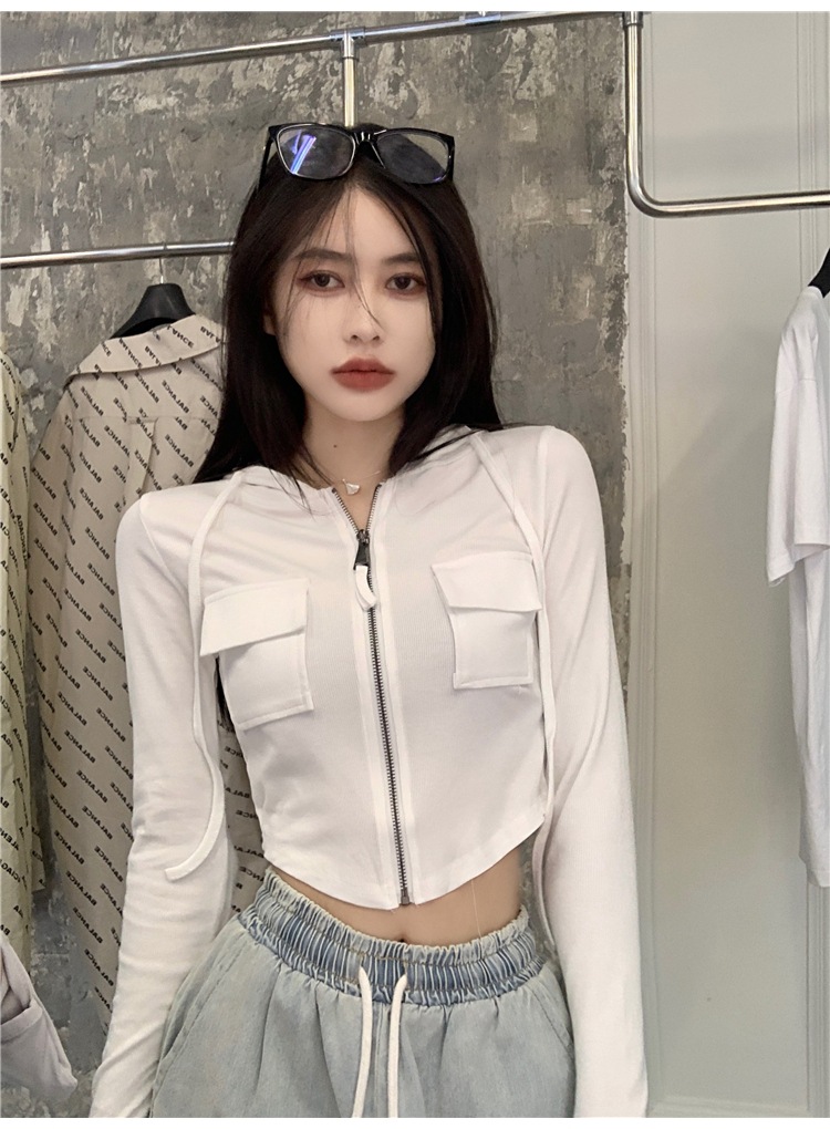 2023 Otoño e Invierno nueva chica caliente bolsillo con capucha Delgado cremallera cardigan suéter estudiante corto Top moda femenina