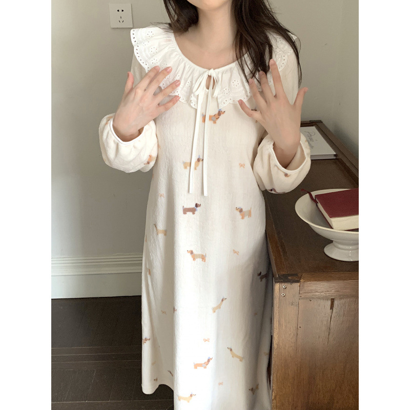 2025ins冬季毛绒甜美腊肠狗花边荷叶领韩系家居服睡裙连衣裙