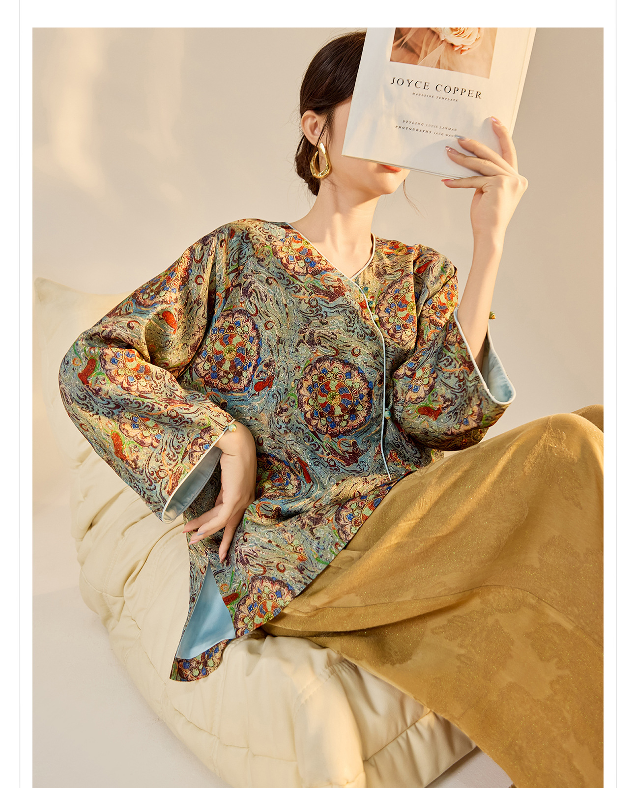 Áo khoác nữ phong cách Trung Hoa mới, cổ chéo, in thêu chỉ vàng, chất rayon cao cấp N8042 — màu xanh nhạt chi tiết 2