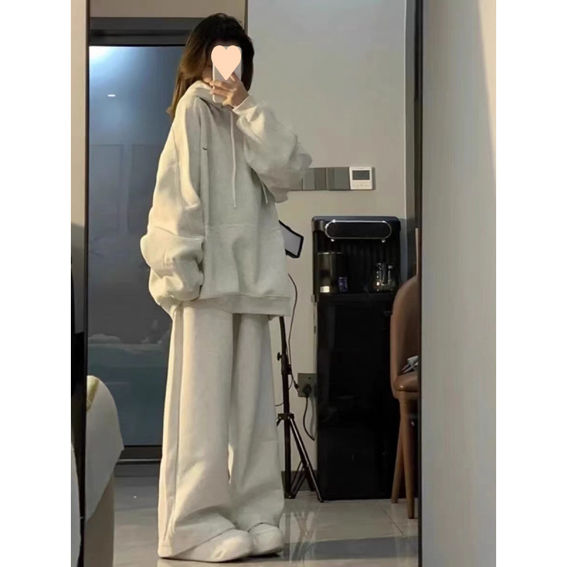 韓系簡約高級感運動服套裝女秋冬寬鬆休閒連帽衛衣衛褲學生兩件套
