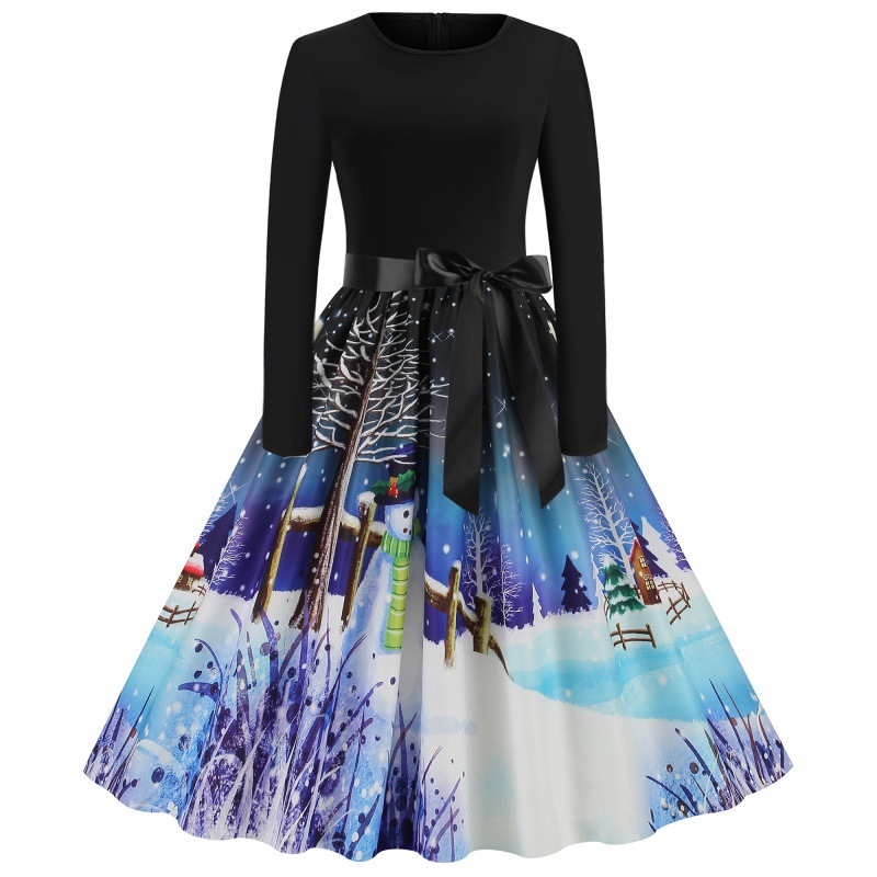 Hepburn positioning printed round neck patchwork long sleeved large hem dress with ribbons as a gift_voghion.com