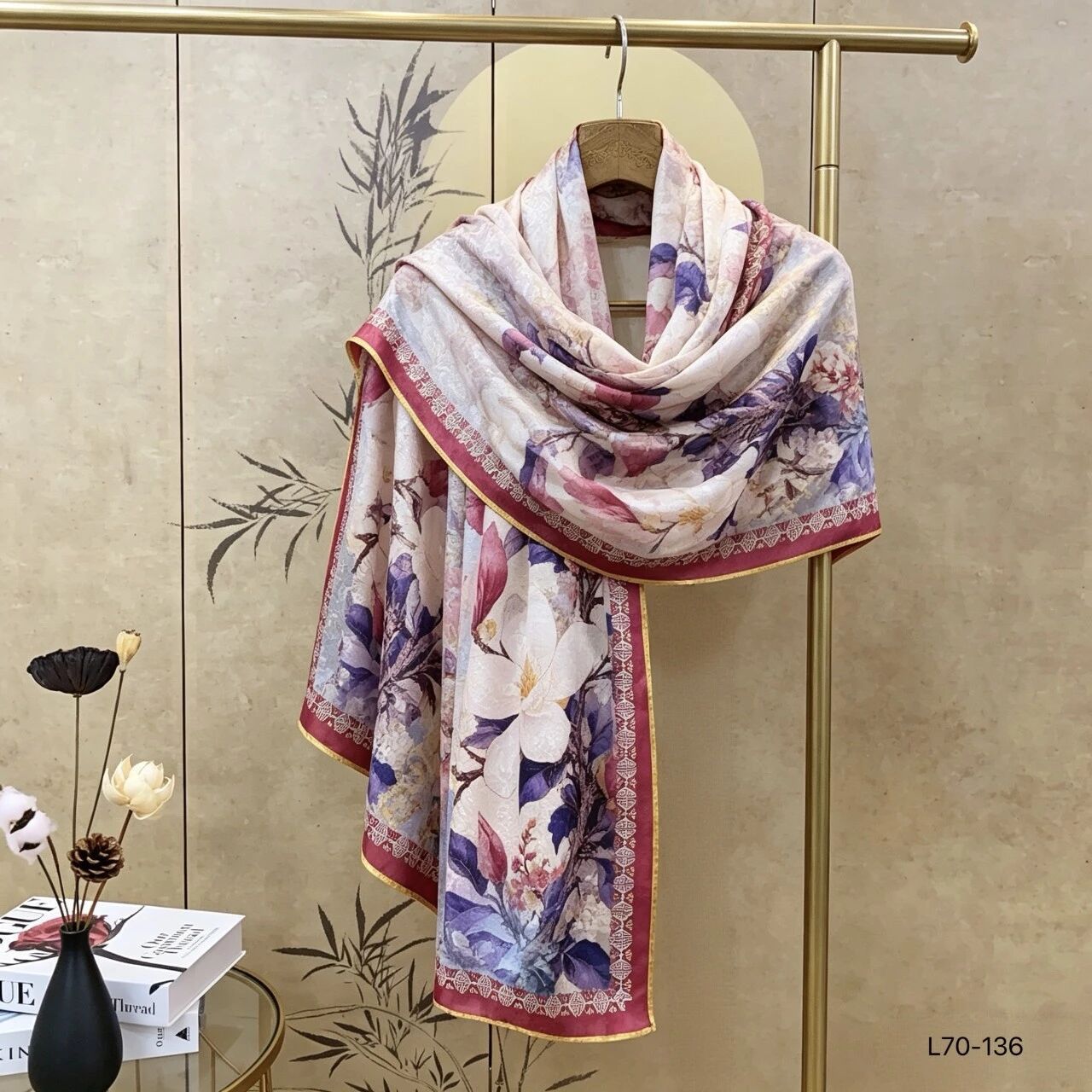 New Chinese-style imitation Xiangyunsha double-sided printed long scarf shawl for women, spring and autumn sun protection silk scarf, retro national style scarf