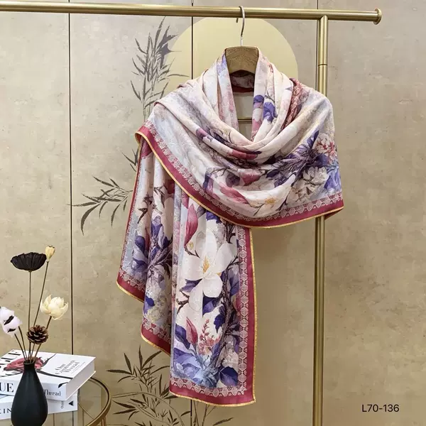 New Chinese-style imitation Xiangyunsha double-sided printed long scarf shawl for women, spring and autumn sun protection silk scarf, retro national style scarf