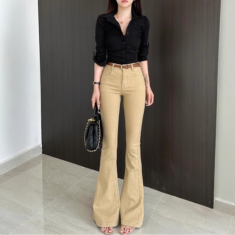 卡其色高腰老钱风微喇牛仔裤女2025夏季新款净版修身显瘦喇叭裤|undefined