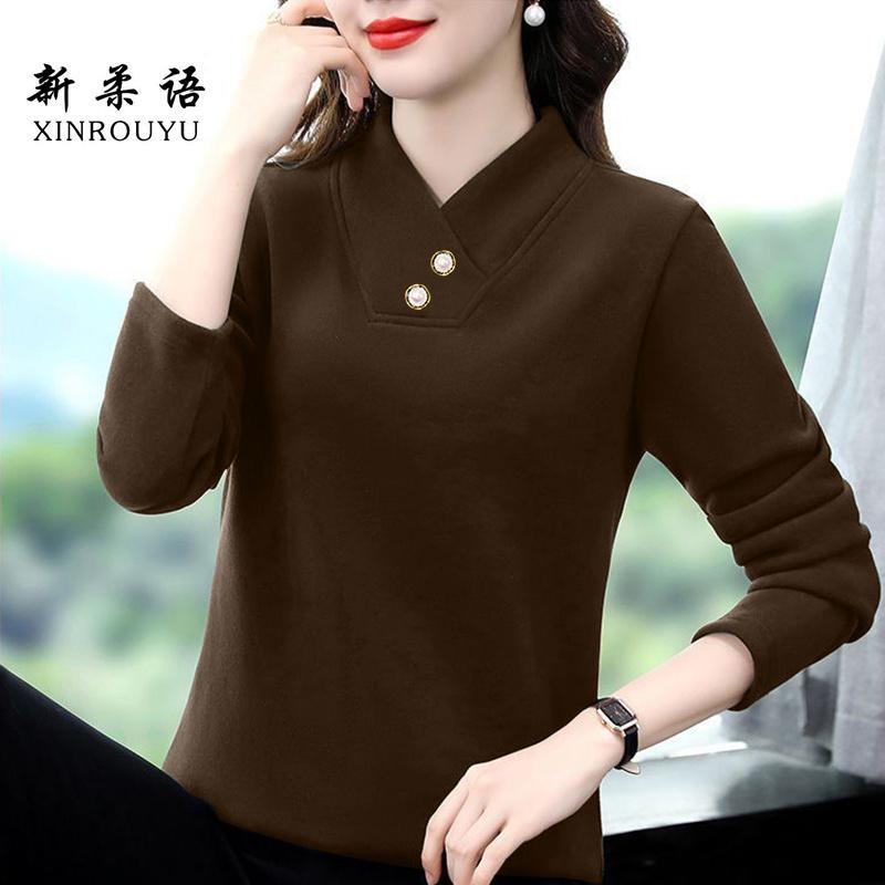 加绒加大码春秋款V领纯色休闲德绒保暖衣女士中年妈妈洋气上衣服