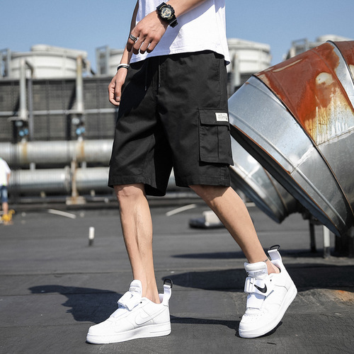 Men's Summer Plain Cotton Beach Sports Casual Loose 5-Pocket Work Pants, Korean Style Trendy