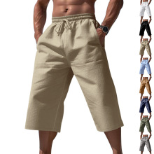 2025亚马逊跨境亚麻男款裤子夏季宽松休闲运动七分裤子男士休闲裤