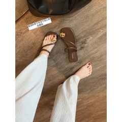 Sheepskin Version ~ Grape Mama Same Style 2024 Summer New Gold Button Flat Square Toe One Strap Toe Post Sandals for Women