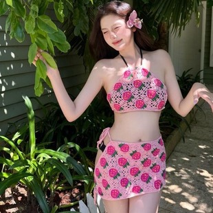 Cross-border Explosions Cute Strawberry Knitted Crochet Neck Sling Three-piece Casual Vacation Small Chest Conservative Women's Swimsuit
