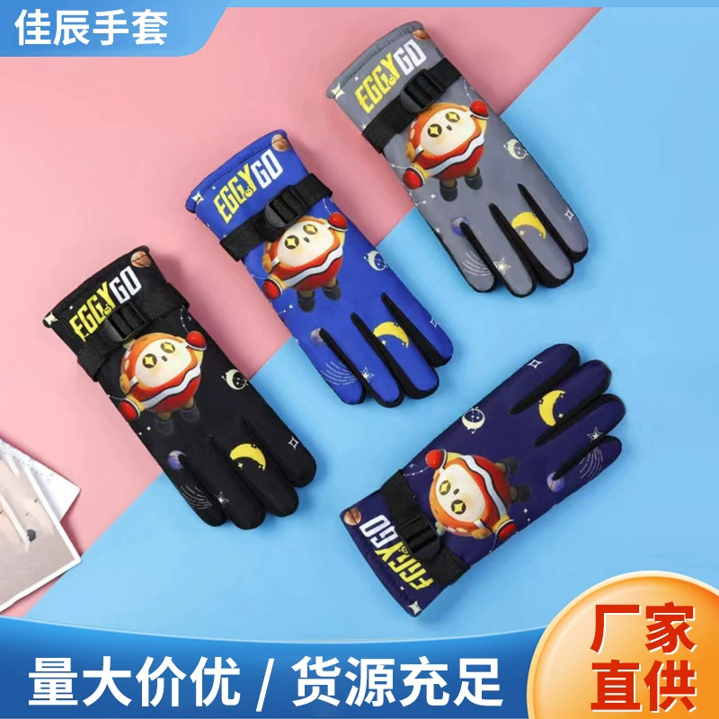 Зимние детские лыжные перчатки с флисовой подкладкой, ветрозащитные, для игр на снегу, утолщенные, для мальчиков и девочек, студентов, для езды на велосипеде, водонепроницаемые, с мультяшным рисунком.