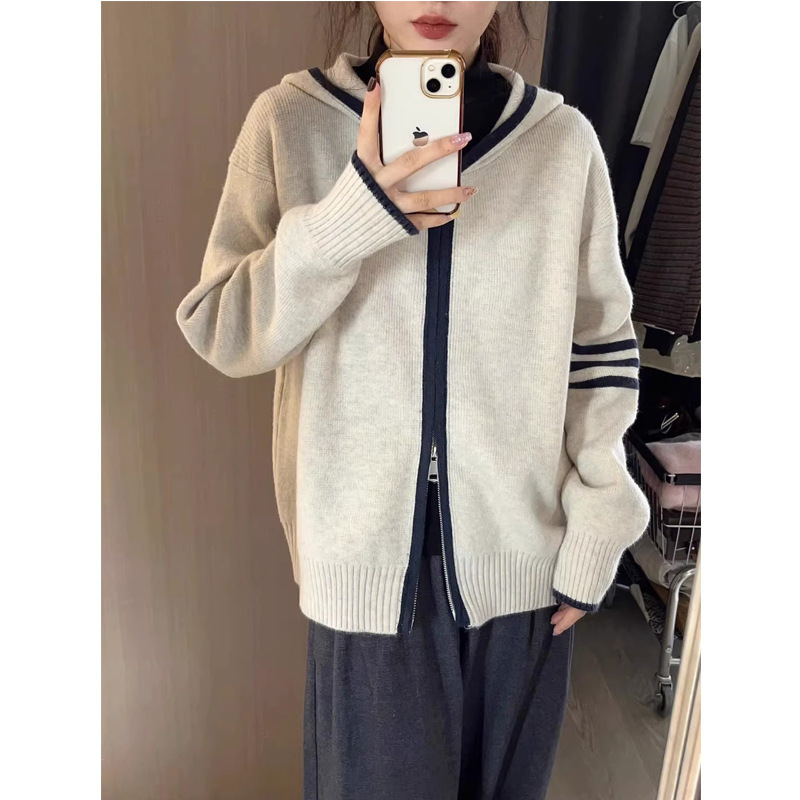 春秋拉链连帽撞色针织开衫女新款设计感小众复古外搭毛衣外套上衣|undefined