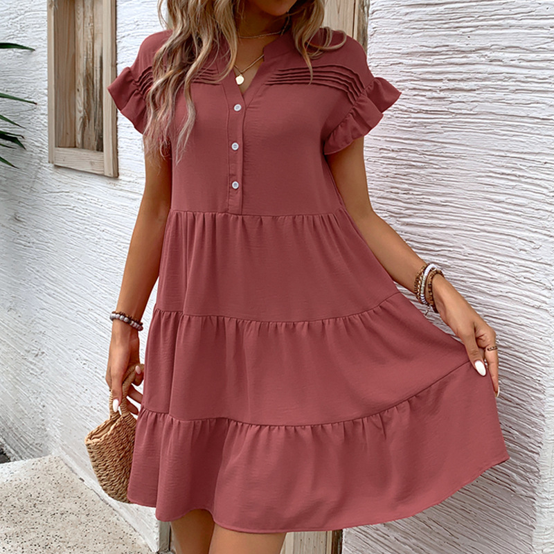 thumbnail image 1 of 2024 Verano Nuevo vestido casual simple Falda versátil con volantes y botones europeos y americanos, 1 of 4