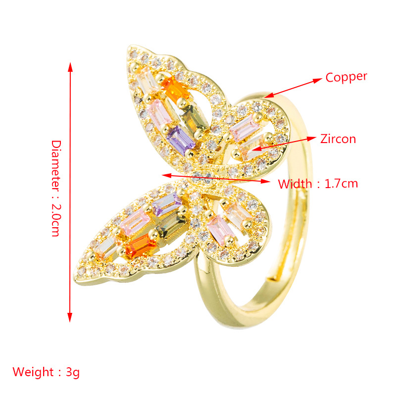 Simple Copper Gold-plated Colorful Zircon Hollow Butterfly Ring Wholesale Nihaojewelry display picture 1