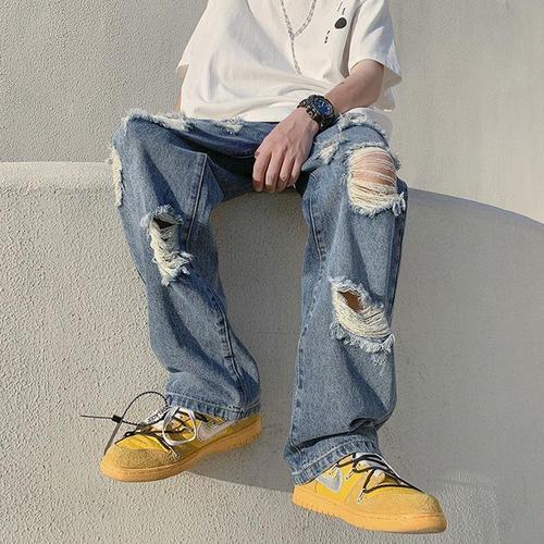 American Street Ripped Denim Jeans for Men - Summer Hong Kong Style Trendy Straight Leg Long Pants - INSA Trend Brand Street Bum Pants
