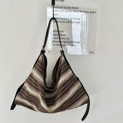 女包2025夏新款韩系松弛感条纹托特包棉麻拼牛皮hobo流浪包单肩包