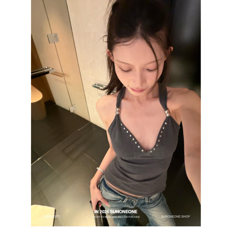 In-Stock Cashmere Adjustable V-Neck Slim-Fit Pullover Studded Halter Neck Tank Top for Women, Summer American Style, Thin Version