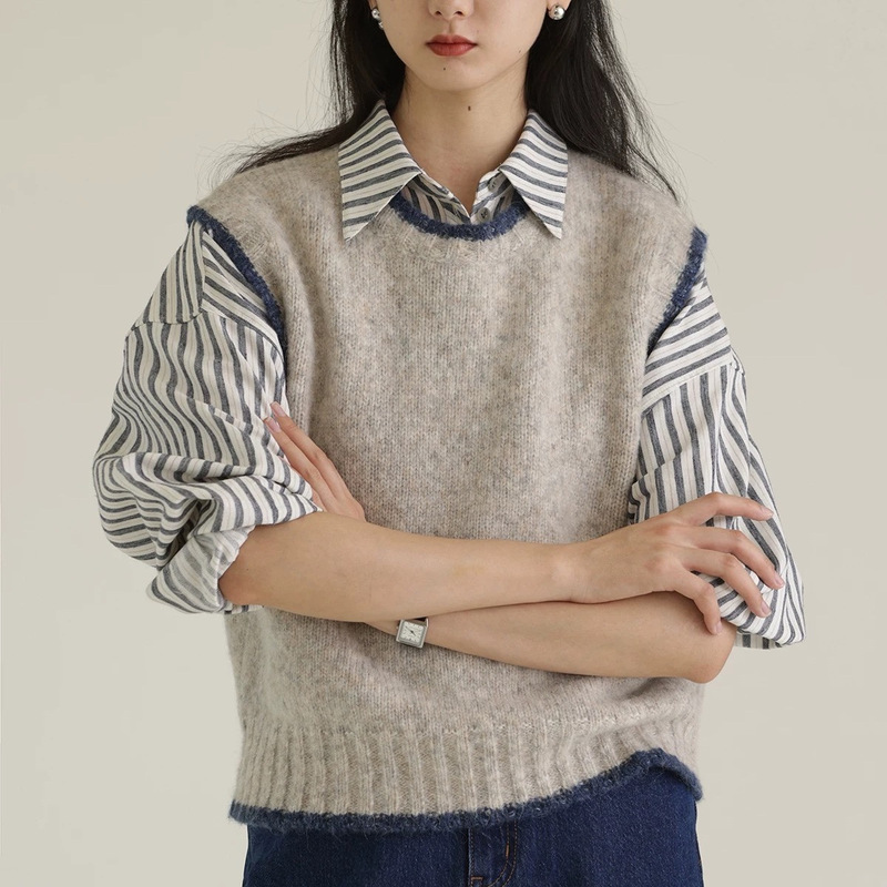 2025Aw Wool Alpaca Alpaca Contrast Edge Knitted Vest Vest Round Neck Knitwear Top