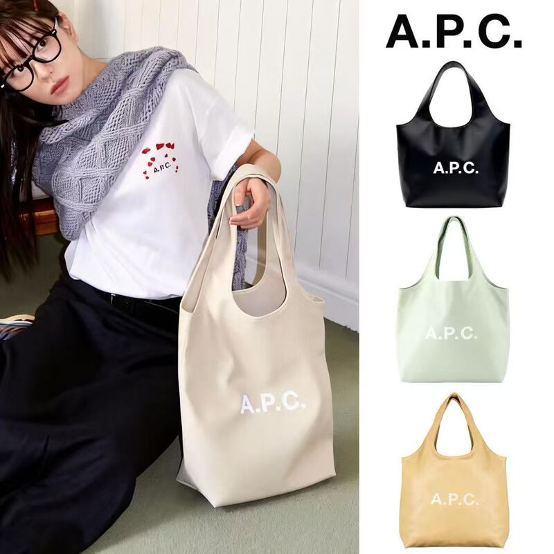 French Niche Brand Apc Leather Logo-Print Tote Bag for Women, Large Capacity Commuter Computer Bag, Shoulder Handbag