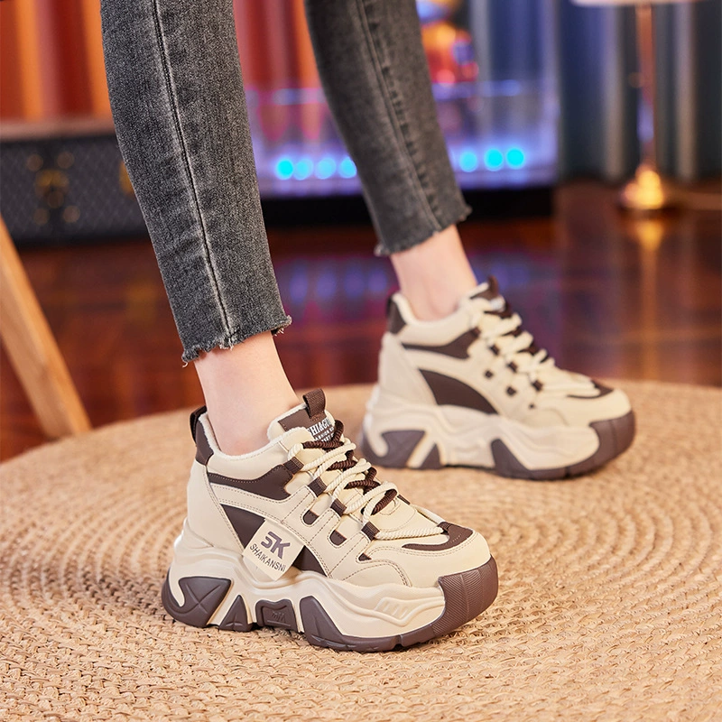 Зимние новые женские повседневные туфли в корейском стиле на танкетке с увеличенной высотой, на толстой подошве, универсальные, в стиле колор-блок, для студентов