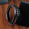 Fashionable men's bracelet for black leather, jewelry stainless steel, European style, genuine leather