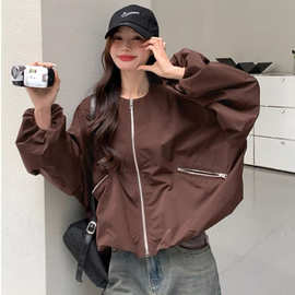 美拉德爆款棒球服外套女春秋2025新款设计感小众美式夹克灯笼袖