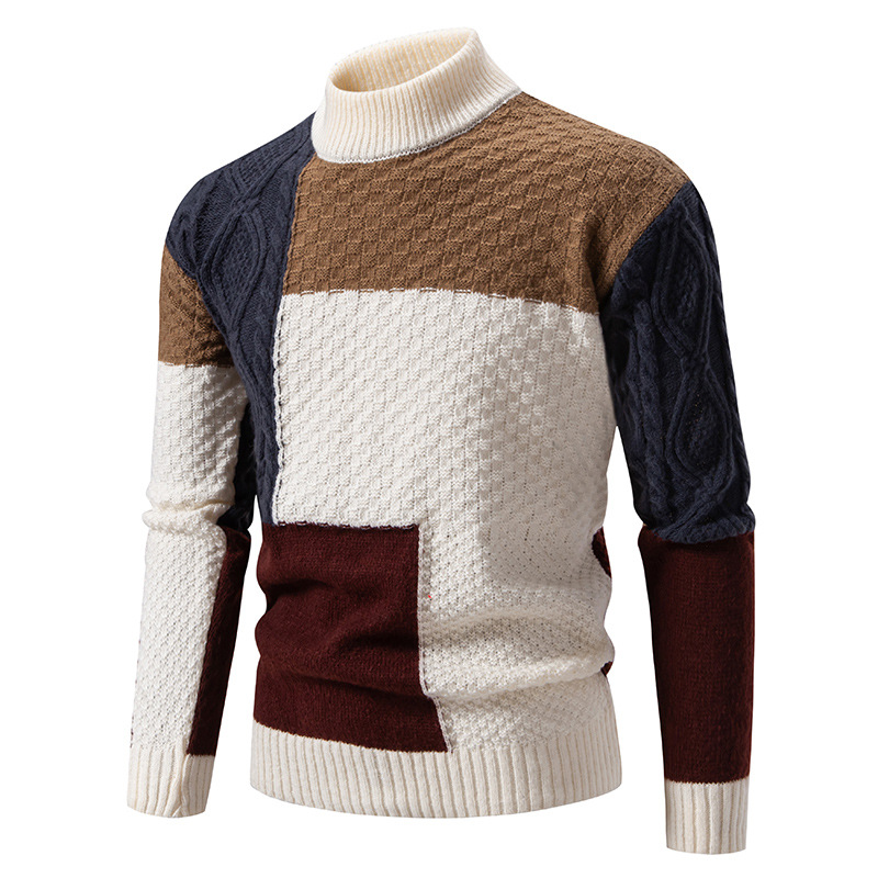 Men's Clothing Men's Color Block Crewneck Sweater, Casual Knit Pullover With Relaxed Fit, Semi-Turtle Neck Winter Warm Top For Teens & Adults_voghion.com