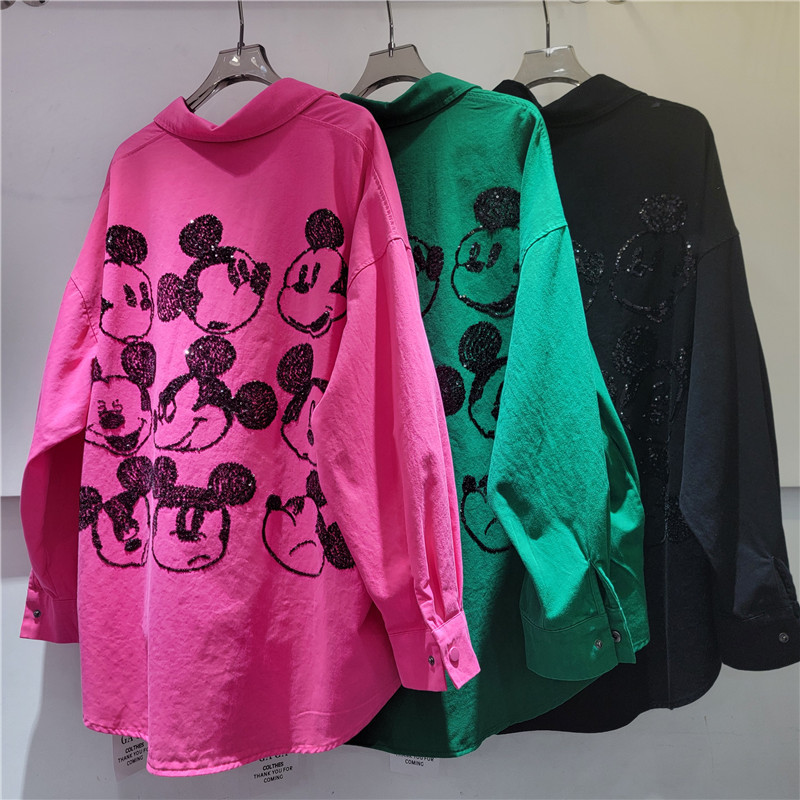European-Style Women's Shirt 2026 Spring New Style Personalized Cartoon Sequin Mickey Loose Mid-Length Irregular Top Trendy European-Style Women's Shirt 2026 Spring New Style Personalized Cartoon Sequin Mickey Loose Mid-Length Irregular Top Trendy