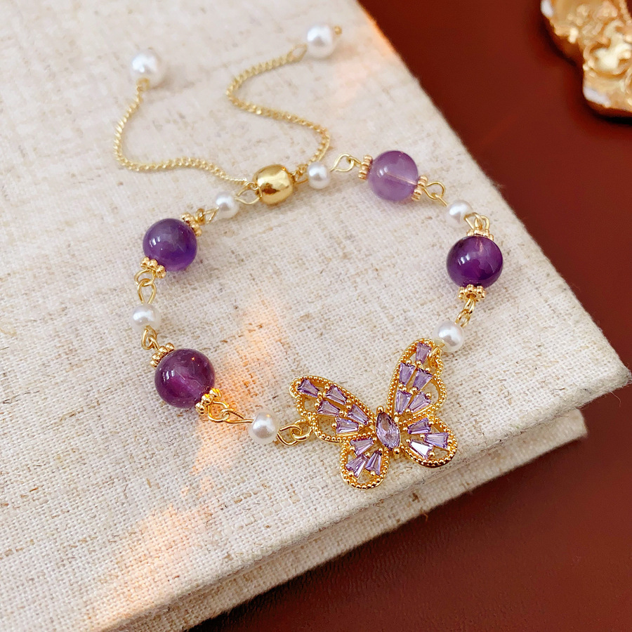 Zircon mariposa amatista pulsera de perlas de moda de viaje universal collar dulce conjunto de joyas de nicho de alta calidad